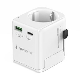 Adapter zasilania Gembird gniazdo EU - wtyk World z ładowarką 1 x USB-C, 1 x USB-A, 20W, GaN, biały