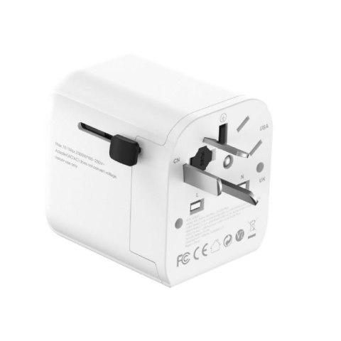 Adapter zasilania Gembird gniazdo EU - wtyk World z ładowarką 1 x USB-C, 1 x USB-A, 20W, GaN, biały