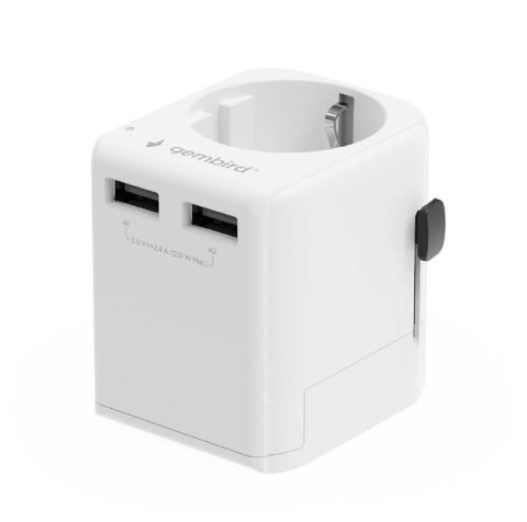Adapter zasilania Gembird gniazdo EU - wtyk World z ładowarką 2x USB-A, 12W, GaN, biały